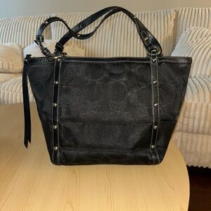 Coach Black Tote Bag with Signature Monogram and Leather Trim